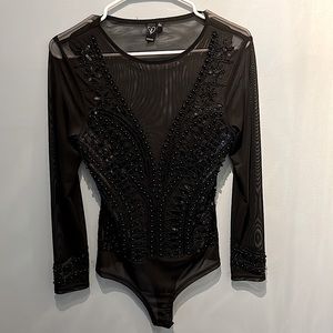 Black Mesh Beaded Bodysuit